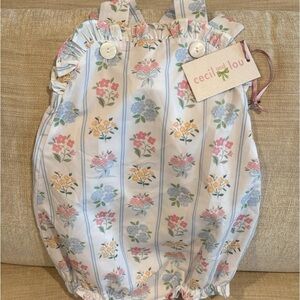 Floral Stripe Baby Bubble Romper in Pastel Pink & Blue